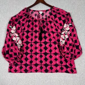 Sundance Pink Black Hyacinth Embroidered Balloon Sleeve Top Size Large